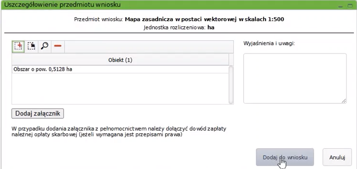 Widok okna: Uszczegółowienie przedmiotu wniosku, z pozycja na liście