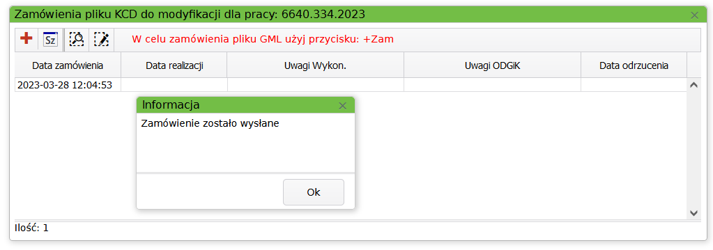 Widok okna dodawania zamówienia na plik do modyfikacji