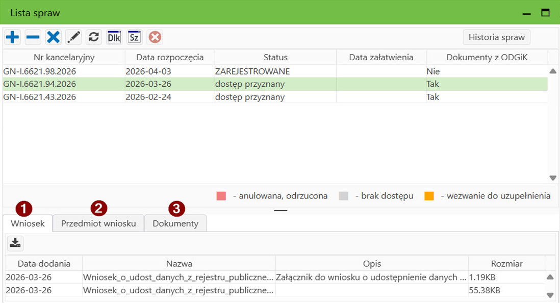 Widok okna Listy spraw