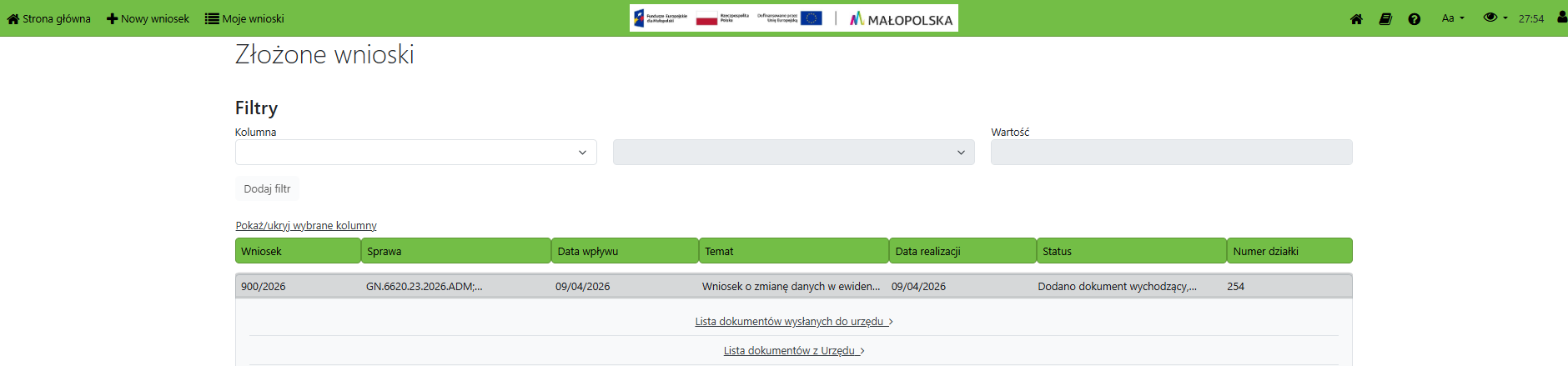Widok listy ze złożonymi wnioskami