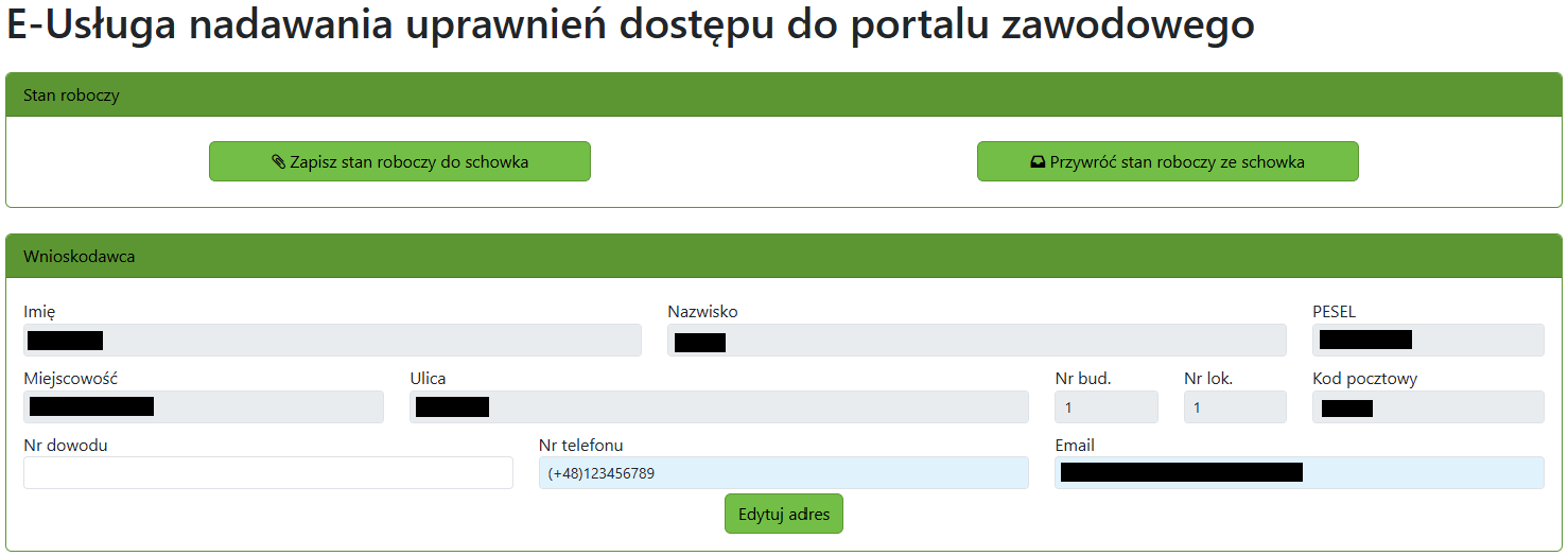 Widok części wniosku o nadanie uprawnień systemowych portalu