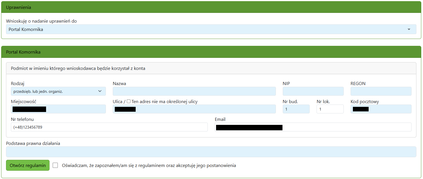 Widok części wniosku o nadanie uprawnień systemowych portalu