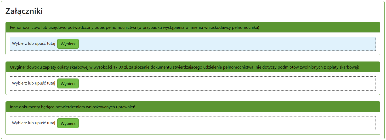 Widok części wniosku z polem z załącznikami