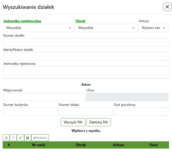 Widok okna wyszukiwania działek Widok okna wyszukiwania działek