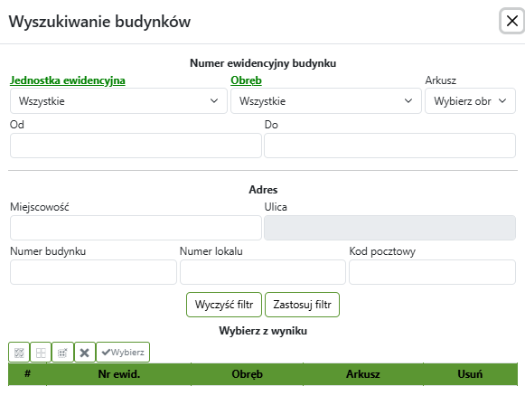 Widok okna wyszukiwania budynków Widok okna wyszukiwania budynków
