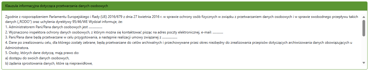Widok części wniosku z klauzulą informacyjną Widok części wniosku z klauzulą informacyjną