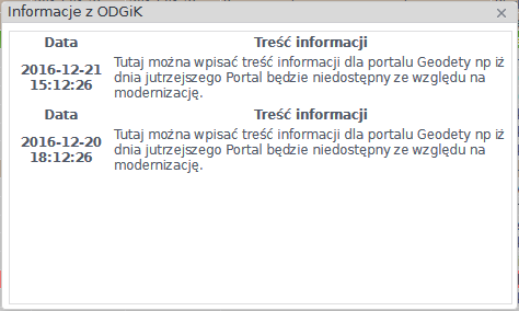 Widok okna z wyświetlonymi informacjami z Ośrodka