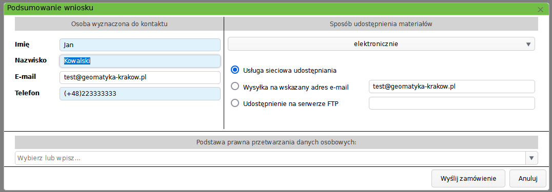 Widok okna z informacjami osoby zamawiającej oraz podstawy prawnej