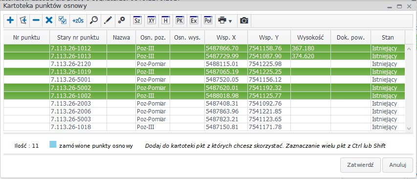 Widok okna kartoteki punktów osnowy